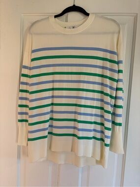 LOFT Ivory Striped Knit Sweater with Blue & Green Stripes